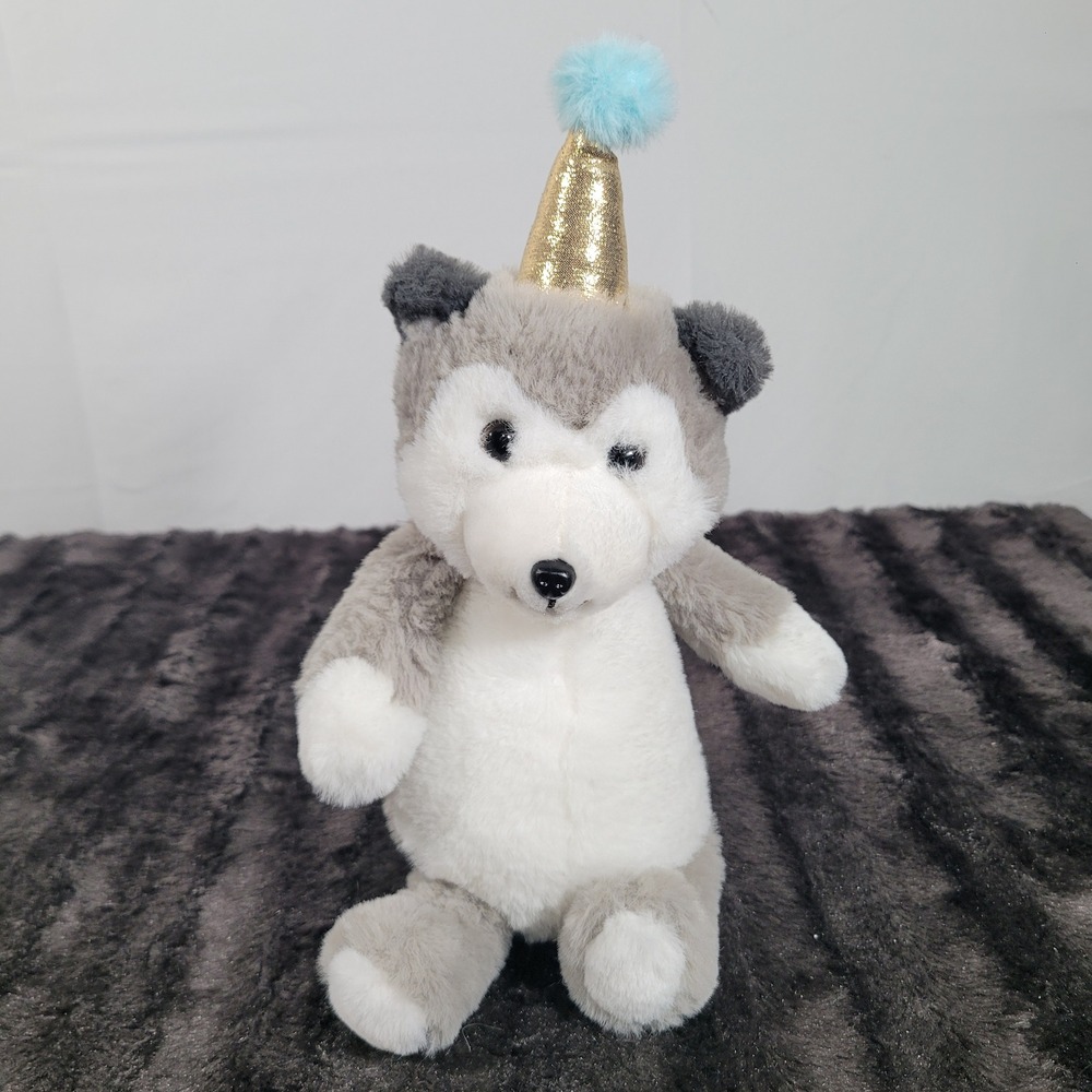 FAO Schwarz Husky Plush Dog with Gold Party Hat Grey White Stuffed Animal 10 in